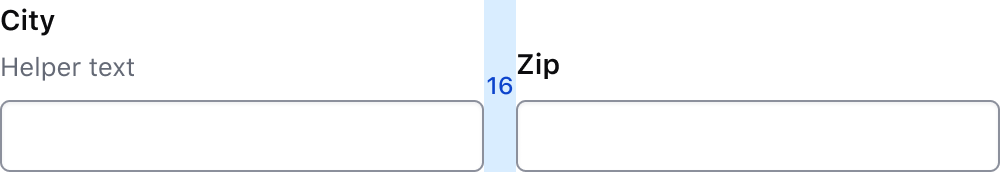 Two form fields organized horizontal, one with a label and helper text, and one with only a label, with the elements aligned to the baseline.