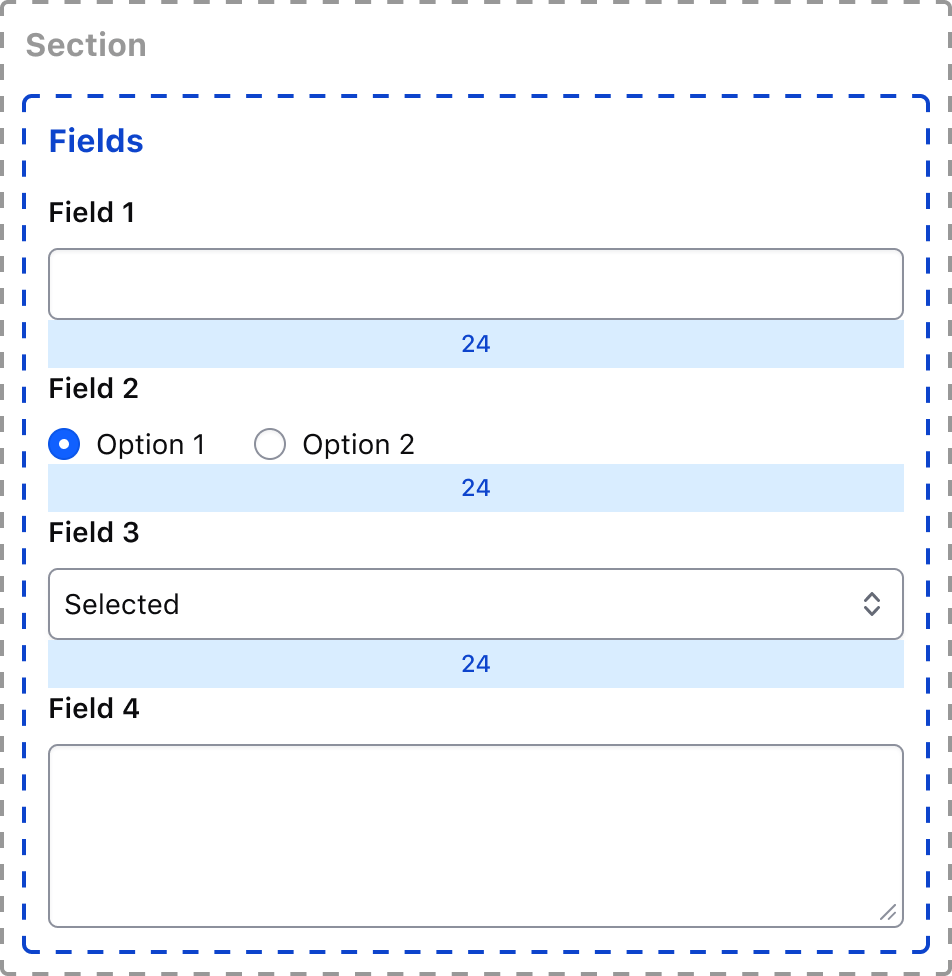 Multiple form fields within a section stacked vertically, including an input, radio group, select, and textarea, spaced 24px apart.